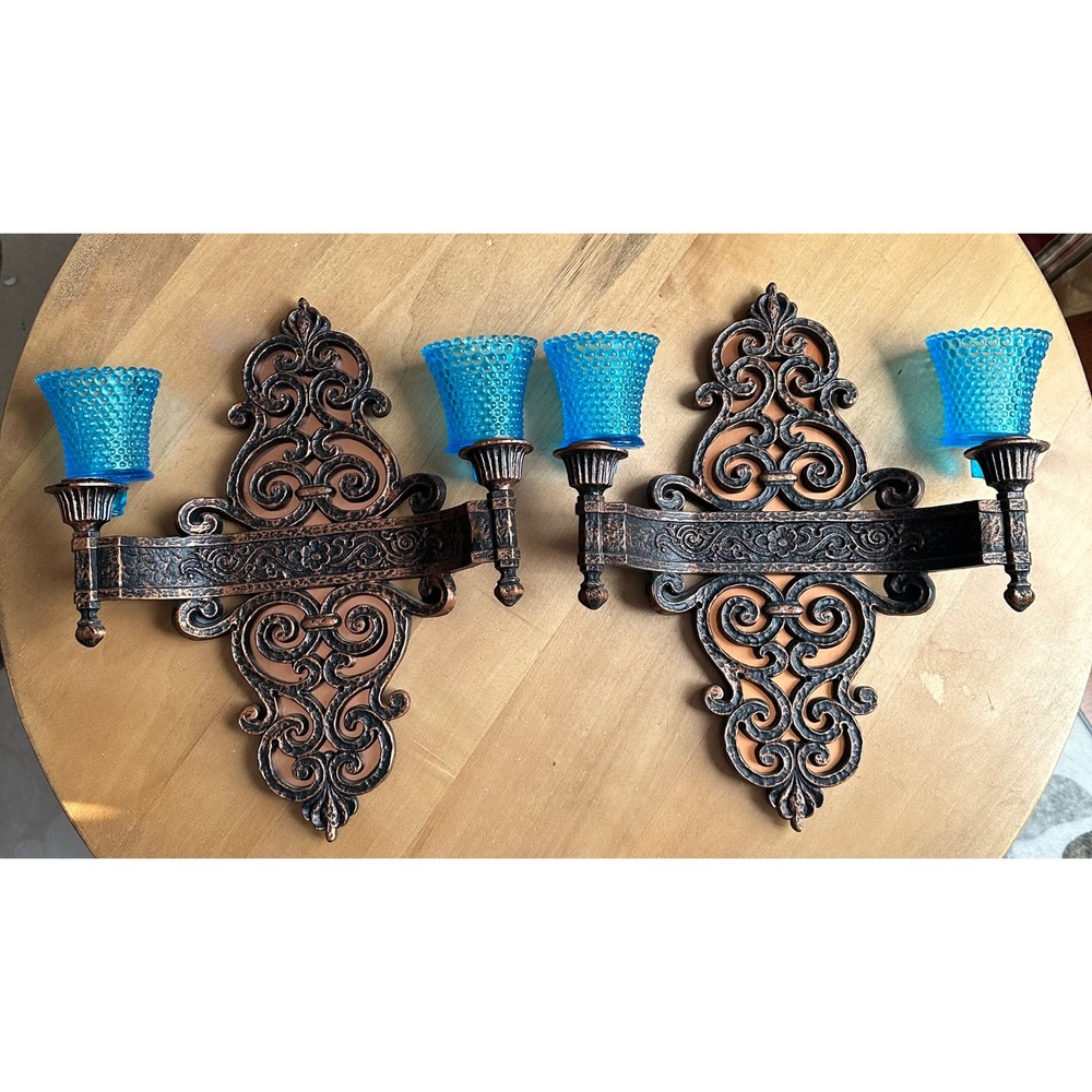 Coppercraft Guild Vintage Copper Wall Sconces Blue Hobnail Glass Votives Pair